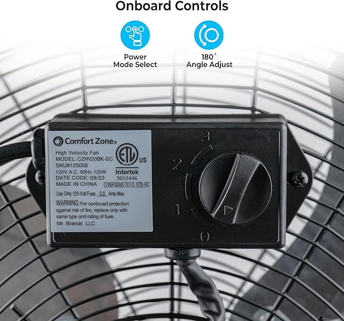 Comfort Zone 20-Inch High-Velocity Industrial Floor Fan, Heavy-Duty 3-Speed Metal Shop Fan with 180° Adjustable Tilt & Carry Handle, Quiet Vibration-Free Cooling for Garage, Workshop, & Home