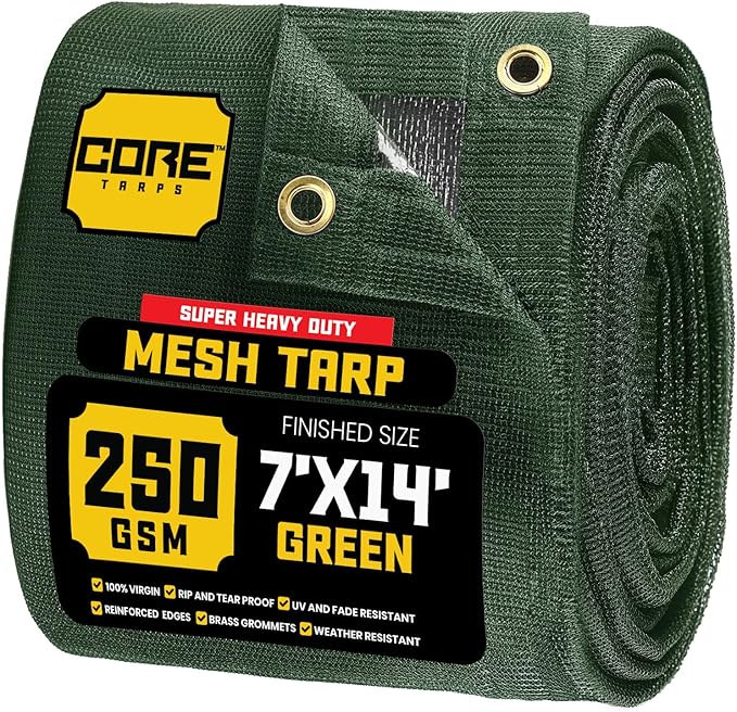 Core Tarps 60% Green Shade Cloth with Grommets - 7 X 14 FT Heavy Duty Mesh Tarp - Sun Shade Cloth for Garden Vegetables Plants Greenhouse Outdoors Backyard Fences Dump Trucks Patio Mesh Shade Tarp