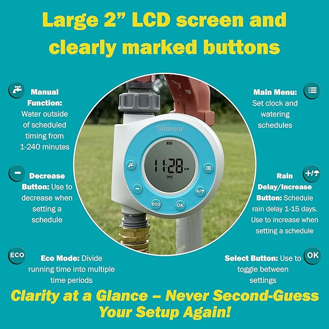 Gilmour Single Outlet Water Timer for Garden Hose, Programmable Automatic Watering System, LCD Screen, Rain Delay, Battery Operated