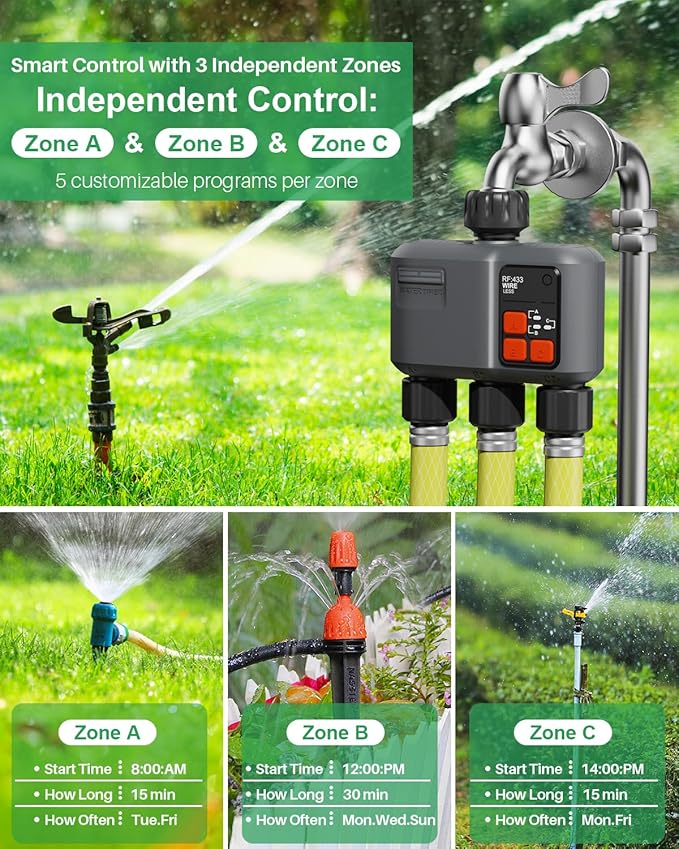 WiFi Sprinkler Timer 3 Zone with 984 FT Range, 3 Outlet Smart Water Timer for Garden Hose with Strong Wall Penetration/Rain Delay/Alexa & Google Voice/App Control, Water Hose Timers for Garden & Lawn