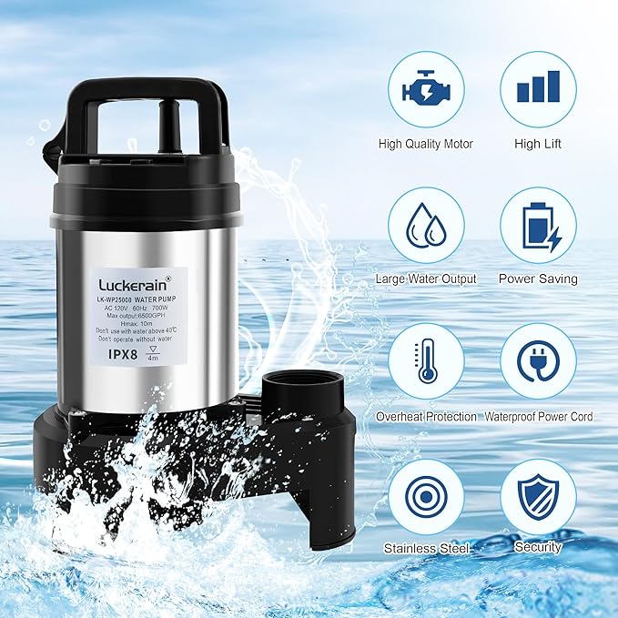 Submersible Water Pump 2/3 HP Stainless Steel Sewage Pump with Timer 5500 GPH Sump Pump for Garden Irrigation,Basement,Outdoor Drainage, 2'' NPT Discharge Port,50ft Cord