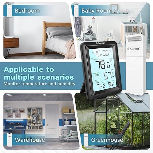 Geevon Wireless Indoor Outdoor Thermometer & Hygrometer with Remote Sensor – Digital Temperature & Humidity Monitor, Alarm, Snooze, 10s Backlight