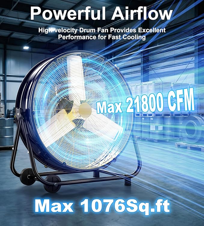 AKIRES 36IN Industrial Floor Drum Fan,21,800CFM High Velocity Heavy Duty Shop Fan with 360° Tilt,Handle,500W High Velocity Drum Fan for Garage,Basement,Warehouse,Patio,Factory,Workshop,Commercial Use