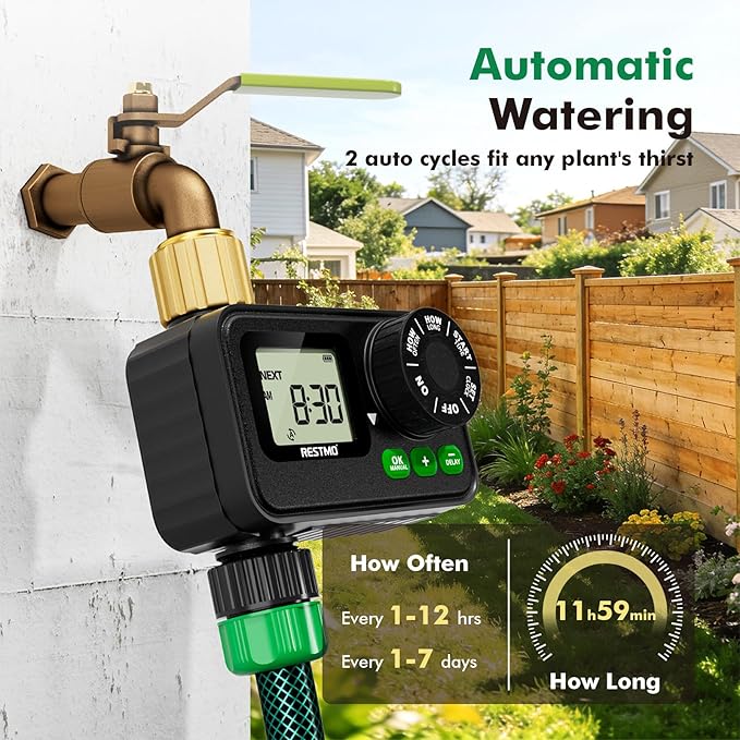 RESTMO Sprinkler Timer for Outdoor Hose Faucet 2 Pack, Up to 11h59m Programmable Watering Timer for Soaker Hose, Misting with Brass Inlet & Large Dial, Rain Delay/Manual/Automatic Irrigation System