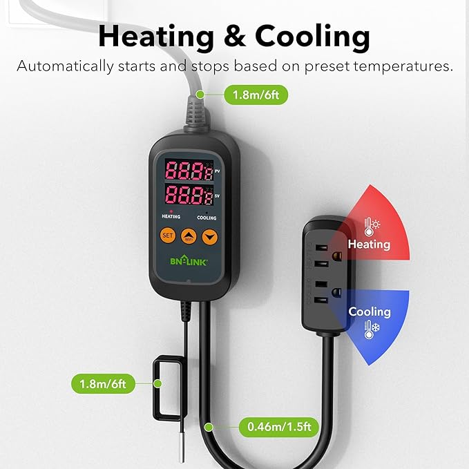 BN-LINK Smart WiFi Digital Temperature Controller Heating Cooling, Works with Alexa and Google Home. For Reptiles Aquarium Carboy Homebrew Breeding Fermenter Seed Germination °C/°F -40-176°F 15A/1875W