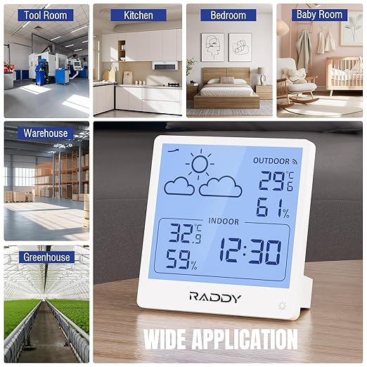 Raddy WF-50T Indoor Outdoor Thermometer Hygrometer Wireless Weather Station, Battery Powered Temperature & Humidity Monitor with 5.0’’ Display, Weather Forecast, Wireless Remote Sensor (White)