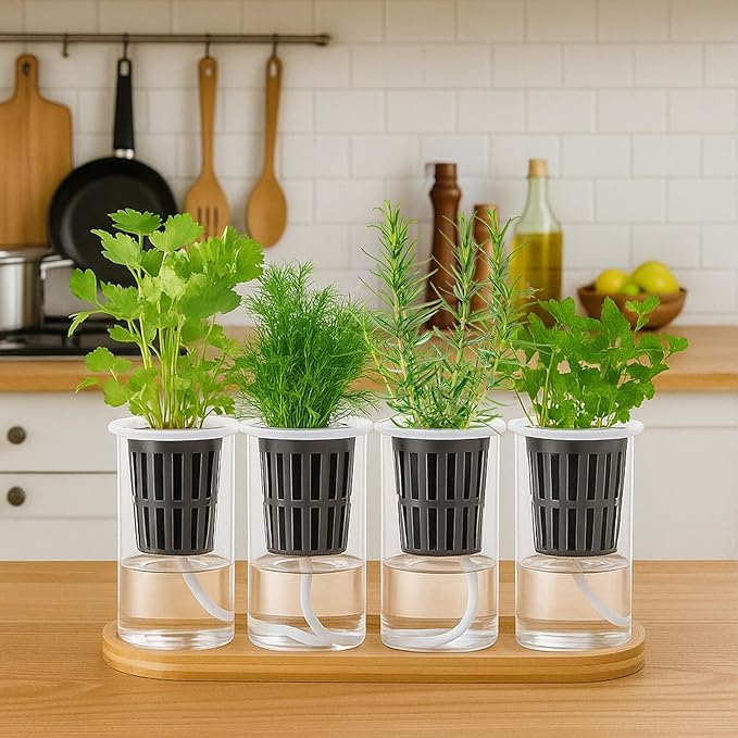 Teenyyou 8 Pcs Hydroponic Herb Planter Growing Kit Self Watering Glass Vase with Wooden Stand Herb Garden Starter Kit for Propagating Hydroponic Plants Centerpiece Office Home Garden Decor