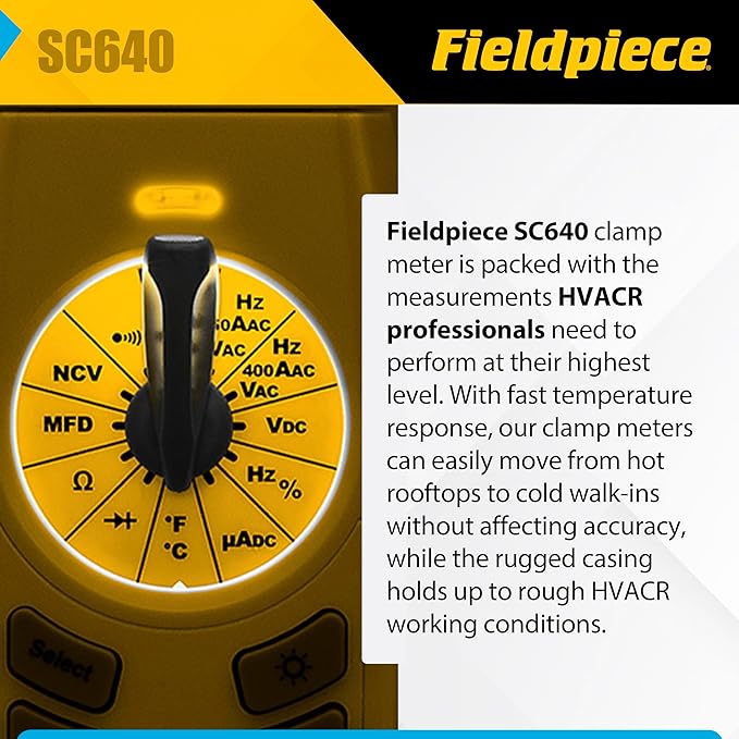 Fieldpiece - SC640 Swivel Clamp Meter with Dual Display, Inrush Current, LED Jaw Flashlight and Backlit Display - HVAC Tools