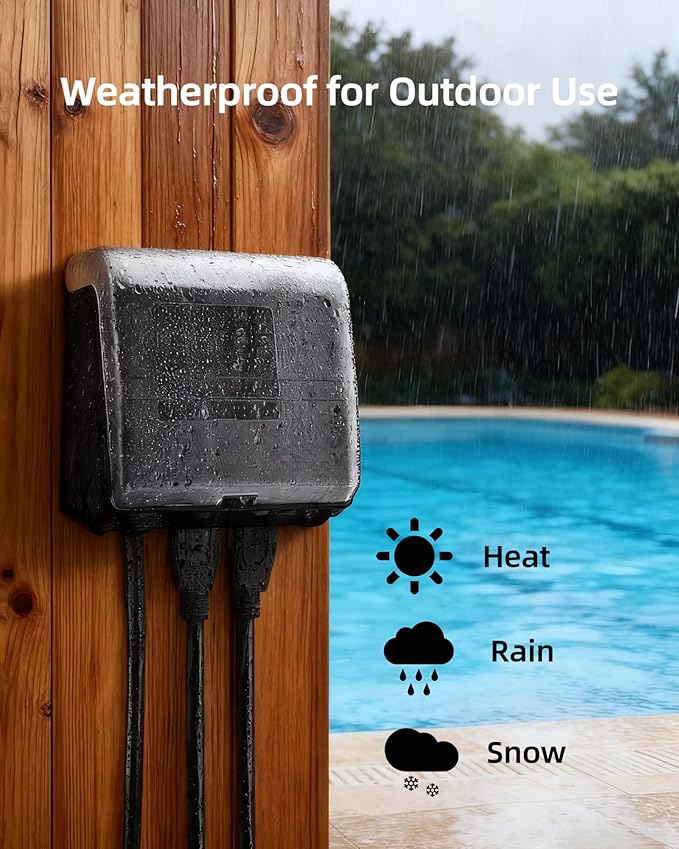 WiFi Pool Pump Timer Outlet, 15A 125V 1HP,NEMA 5-15R Plug-in Timer, Outdoor& Indoor use,with Weatherproof Cover, for Pool Pump, Water Heater, Pool Filter, Landscape Lights