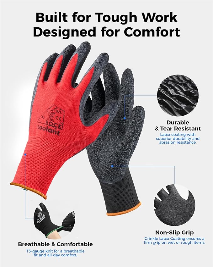 toolant Crinkle Latex Work Gloves Bulk, Rubber Coated Safety Work Gloves for Men and Women, 12 Pairs for Construction, Gardening, Warehouse (Black & Red, XX-Large)