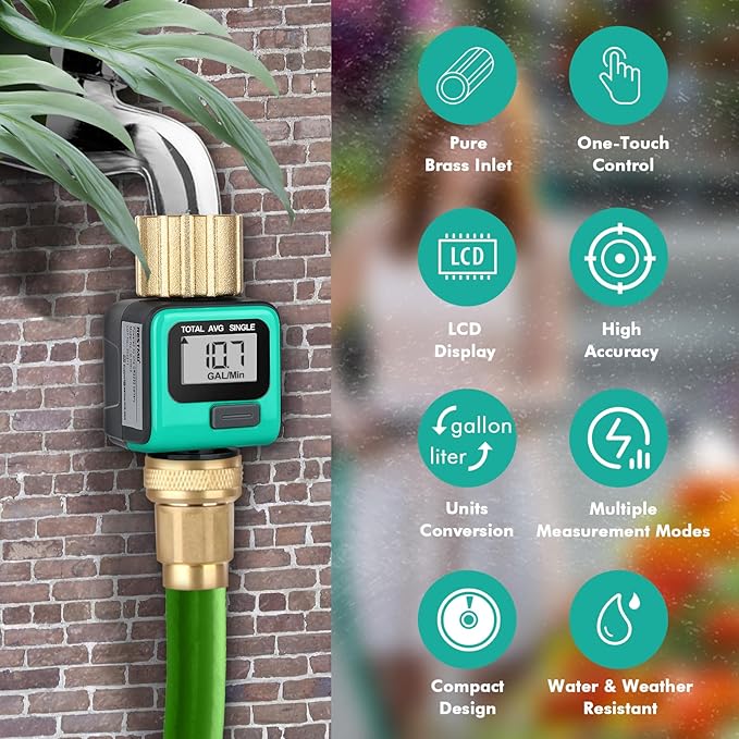 RESTMO Water Flow Meter with Brass Inlet & Outlet, Measure Gallon/Liter Consumption and Flow Rate for Outdoor Garden Hose Watering, RV Water Tank Filling, Lawn Sprinkler and Nozzle Sprayer