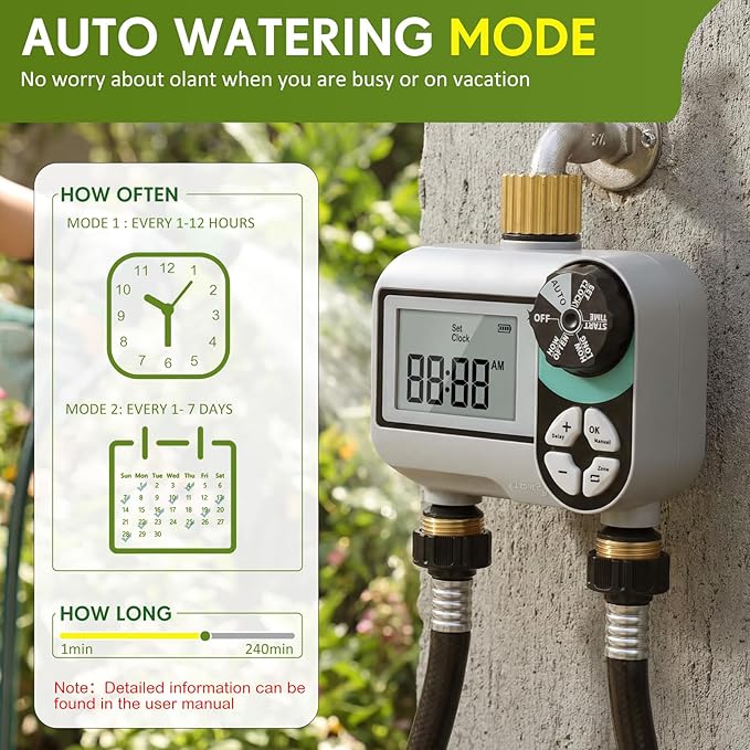 Kingdder Sprinkler Timer for Yard with Brass Inlet and Outlet Watering Timer for Garden Hose Timers Automatic Irrigation System with Rain Delay/Manual/ IP54 Waterproof(2 Outlet)