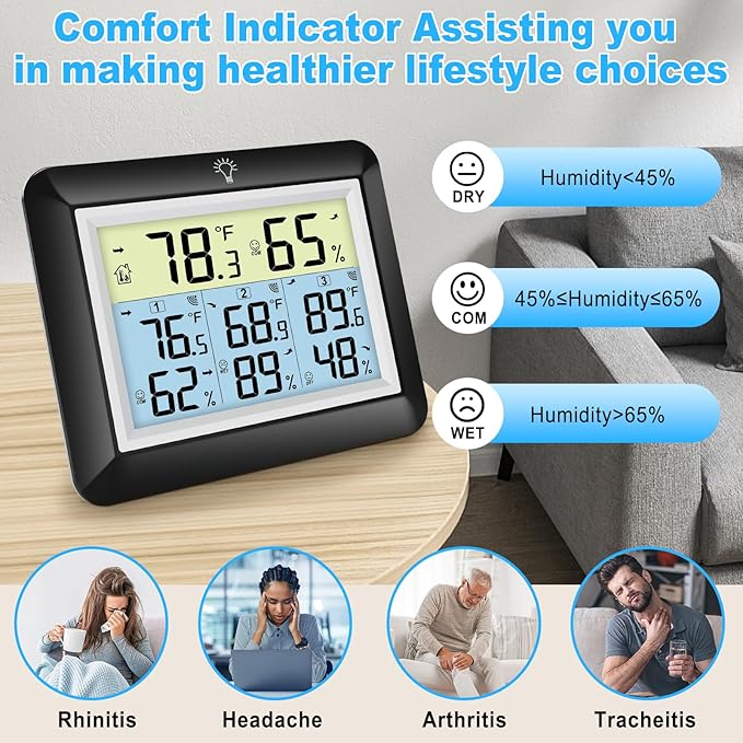 Urageuxy Indoor Outdoor Thermometer Wireless with 3 Sensors, 328ft Range Digital Hygrometer Temperature Humidity Monitor for Home, Greenhouse, Kitchen, Bedroom, Backlight, Black