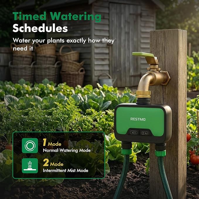 RESTMO Smart WiFi Water Timer for Garden Hose, 2 Zone Sprinkler Timer with APP Control & Brass Inlet, Rain Delay/Manual/Automatic Watering System, Quantity or Timed Irrigation Modes for Misting, Lawn