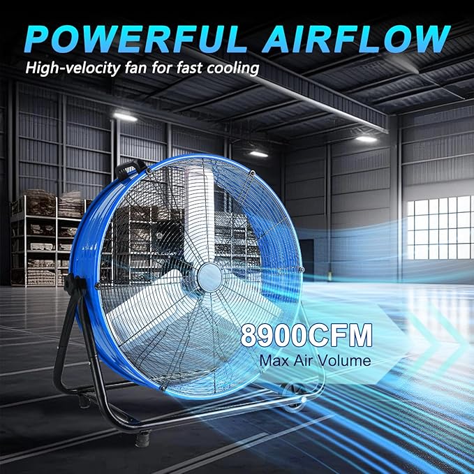 WARMLREC 24" Industrial Floor Fan, 8900 CFM High Velocity Drum Fan with 3 Speeds, Portable Heavy Duty Industrial Fan for Warehouse, Workshop, Factory, Commercial, Residential and Greenhouse Blue