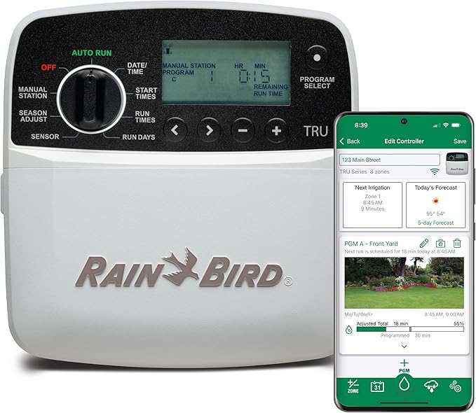 Rain Bird TRU8IW Timer and Smart WiFi Module Bundle, Program-Based Indoor Irrigation Sprinkler Controller/Timer, 8-Zone/Station