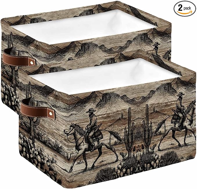 Brown Western Farmhouse Storage Bins Cubes Waterproof Cloth Storage Basket, Vintage Cowboys Cactus Foldable Storage Bags for Shelf Closet Clothes Storages Organizers with Handles 15x11x9.5 in 2PCS