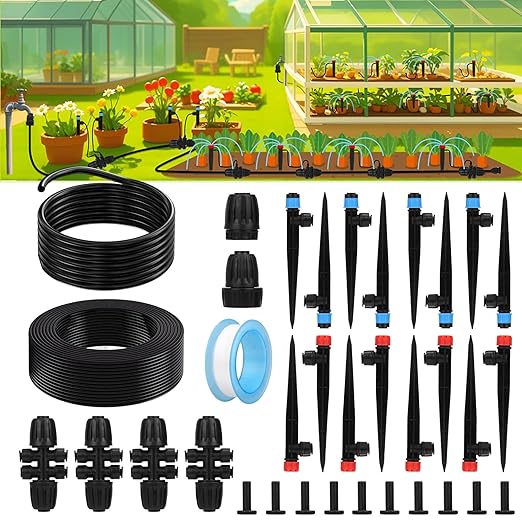Drip Irrigation System, 120ft Garden Watering System with Quick-to-Connect Fittings, Drip Irrigation Kit with 1/2 in Hose 1/4 in Distribution Tubing for Garden, Greenhouse, Flower Bed, Lawn