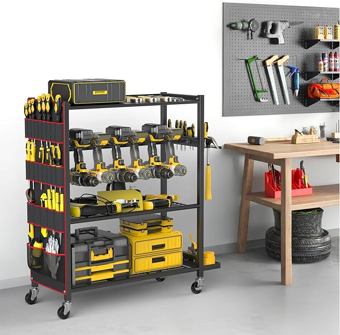WALMANN 4-Tier Rolling Power Tool Storage Cart, Large Drill Organizer with Slots for 12 Drills, Floor Standing Cordless Tool Rack with Wheels for Garage & Workshop