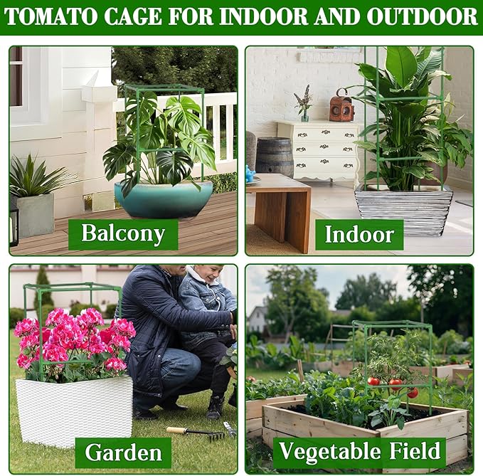 ZeeDix 4 Pack Tomato Cages for Garden 60 Inches, Heavy Duty Square Adjustable Tomato Trellis Cage Climbing Plant Support Trellis Plant Cages for Climbing Vegetables Flowers with 40Pcs Clips