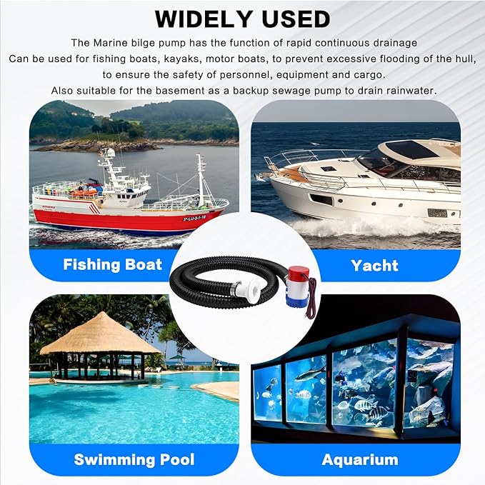 1100GPH 12V Boat Bilge Water Pump, 1-1/8" 6FT Kink-Resistant Bilge Pump Hose, ABS Thru-Hull Fitting, 2PCS Stainless Steel Clamps for Boat Marine