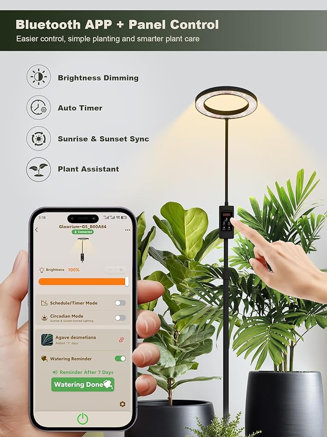 GLOWRIUM Smart Grow Lights for Indoor Plants, 24W Full Spectrum Plant Lights with Bluetooth App, Adjustable Height 47-70.9", Auto Timer, Indoor Plant Lamp for Large Tall Plants（Black 24W）