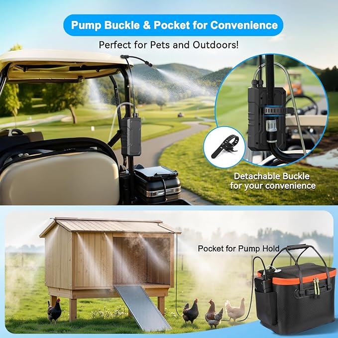 Ausic Portable Misting Systems, Outdoor Water Cooling Misters Set with 6000mAh Water Pump, 20L Bucket, 26FT (8M) Hose, 10*Clips/Ties for Sports/Patio/Umbrella/Pasture/Greenhouse/Canopy/Camping
