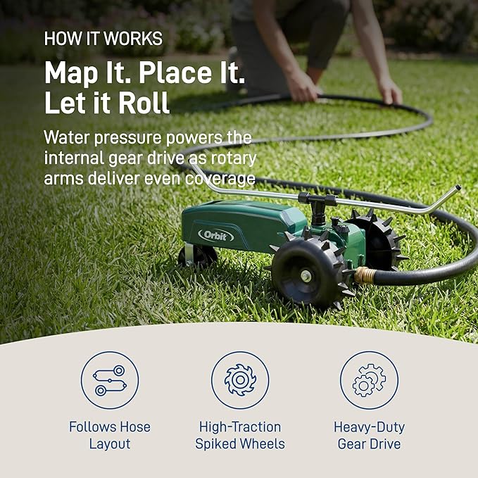 Orbit Traveling Tractor Water Sprinkler - Self-Propelled Traveling Sprinkler for Wide Lawn Coverage - Cast-Iron Body with Adjustable Coverage - Three-Speed - Automatic Shut Off - 58322