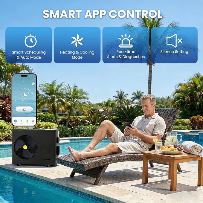 DoCred 58,000 BTU Inverter Swimming Pool Heat Pump, Pool Heater for Above Ground and Inground Pool up to 16,000 Gallons, Smart WiFi Control, COP 14.86, Timer, 220-240 V