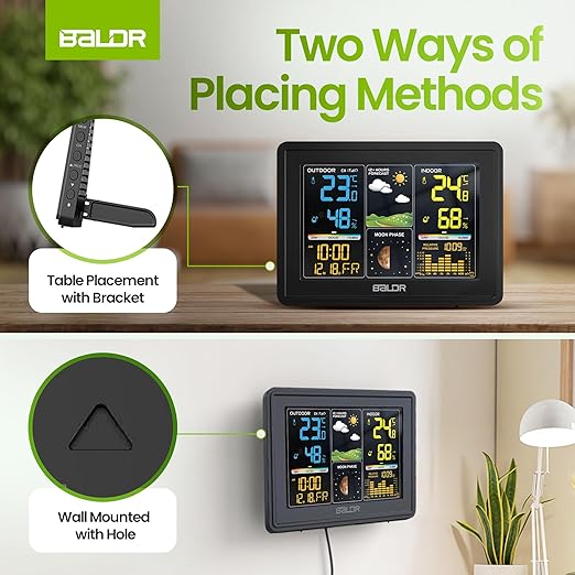 BALDR Wireless Digital Weather Station - Indoor Outdoor Thermometer Wireless Home Weather Station with Remote Sensor, Atomic Alarm Clock, Moon Phase & Barometric History Display, Weather Clock