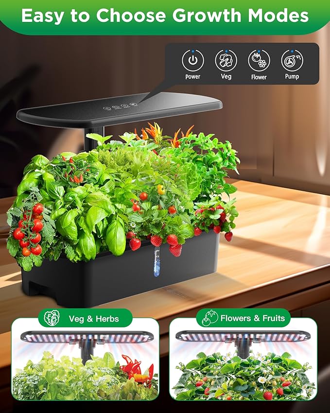 Hydroponics Growing System Kits,Smart Indoor Herb Garden with 24W LED Grow Light Planting Height Adjustablewith,12 Pods Plant Germination Kit,with Quiet Pump, Ideal Gift for All Ages