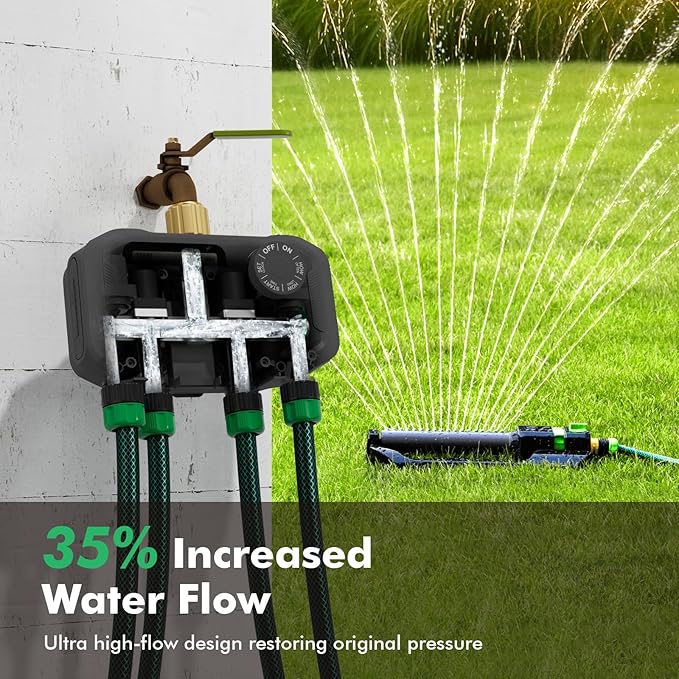 RESTMO Sprinkler Timer for Outdoor Hose Faucet 4 Zone, Up to 11h59m Programmable Watering Timer for Soaker Hose, Misting with Brass Inlet & Large Dial, Rain Delay/Manual/Automatic Irrigation System