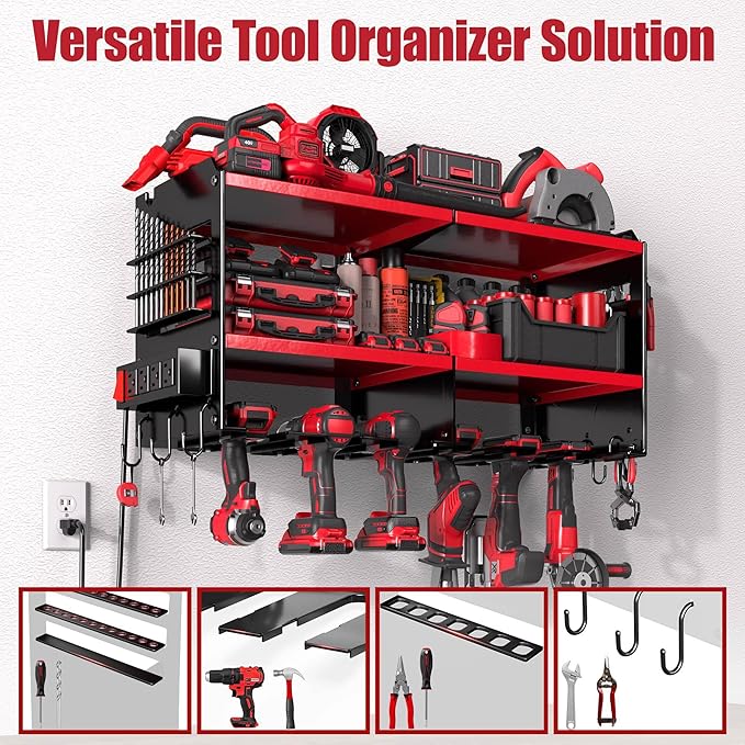 Spampur Heavy Duty Power Tool Organizer Wall Mount with Charging Station – 420 lb Capacity 3-Tier Storage Rack Holds 6 Drills, Side Slots for Screwdrivers & Bits, Garage Storage, Gift for Men