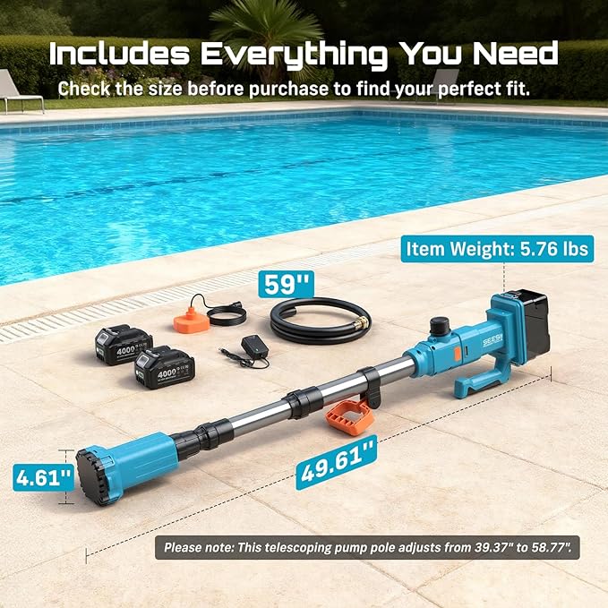 SEESII Cordless Stick Water Transfer Pump, 2×4.0Ah Battery Inculded, 740GPH Portable Utility Water Pump, Adjustable Telescoping Submersible Pump for Garden Basement Pond RV Pool Boat Well
