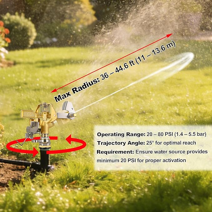 Triumpeek 2-Piece 1/2" Brass Impact Sprinkler Heads, Heavy Duty Adjustable 0-360° Pattern, Long Range Sprinkler for Lawn & Garden Irrigation, Large Area Watering Coverage