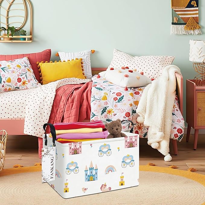 FANKANG Storage Bins, Nursery Hamper Canvas Laundry Basket Foldable with Waterproof PE Coating Large Storage Baskets for Kids Boys and Girls, Office, Bedroom, Clothes,Toys(Rec-castle carriage ）