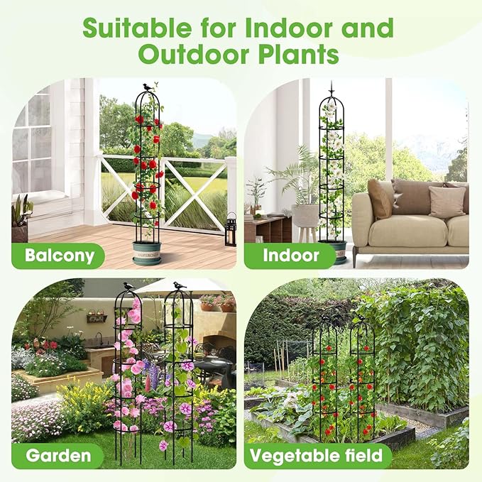 2PCS Updated Garden Obelisk Trellis for Climbing Plants Outdoor, 6.3 FT Tomato Cage, Rose, Flowers, Grape, Pea, Cucumber Trellis, Rustproof Plastic Coated Metal Plant Support Trellis for Potted Plants
