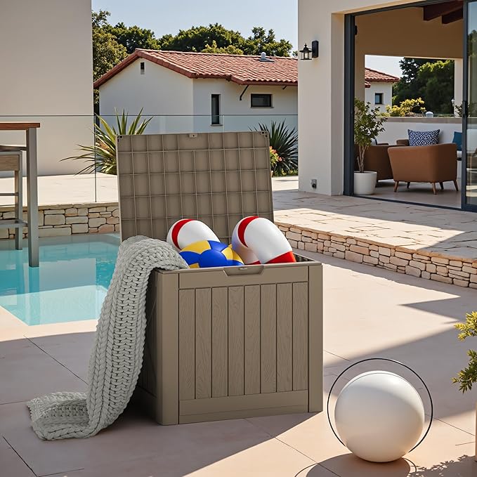 JUMMICO 42 Gallon Deck Box Waterproof, Resin Outdoor Storage Box with Side Handles, Outdoor Storage Benches Lockable for Patio Cushions and Garden Tools (Light Brown)