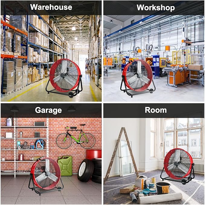 WARMLREC 24" Industrial Floor Fan, 8900 CFM High Velocity Drum Fan with 3 Speeds, Portable Heavy Duty Industrial Fan for Warehouse, Workshop, Factory, Commercial, Residential and Greenhouse Red