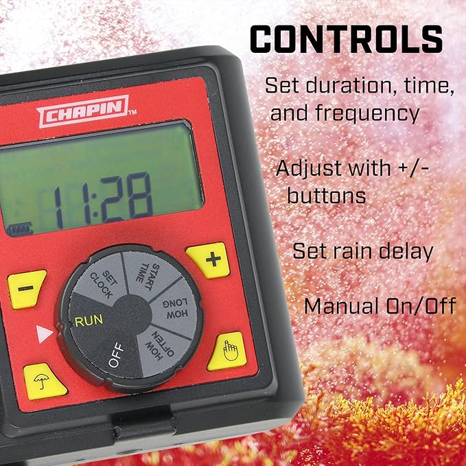Chapin International 41002: Single Zone Water Timer with Digital Display, Water-Resistant Construction, Set Frequency, Duration and Time Delay, 1-Pack, Red/Black