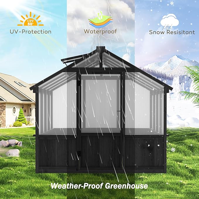 Yardenaler 8x8 FT Greenhouse Kit for Outdoor, 6MM Thick Polycarbonate Panel Wooden Walk-in Green House with Lockable Door and Adjustable Roof Vent, Backyard Garden, Black