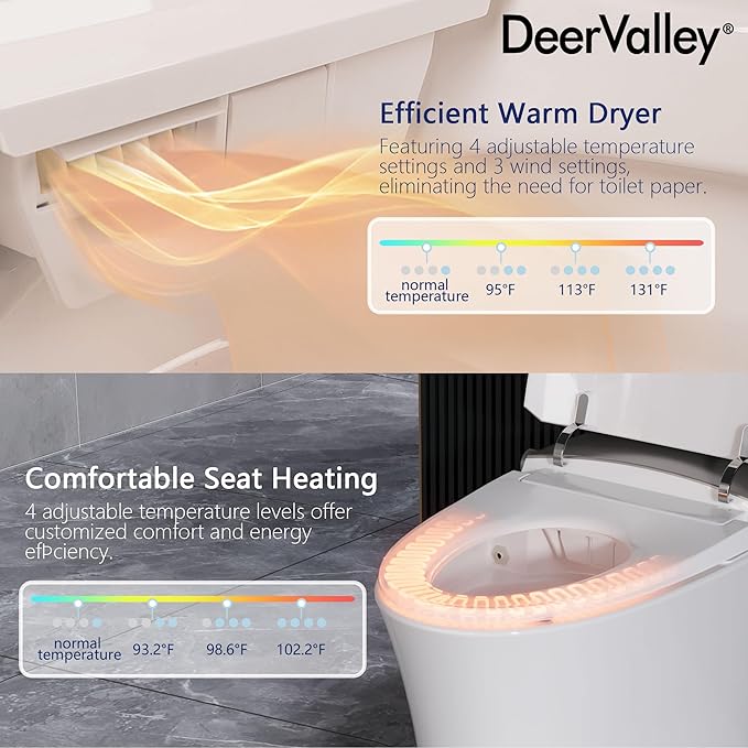 DeerValley Smart Toilet with Built-in Heated Seat, Powerful Auto Flushing and Auto Open/Close Lid, 1.28 GPF & MaP 1000g, Adjustable Seat Temp, Night Light, DV-1S0150-V3