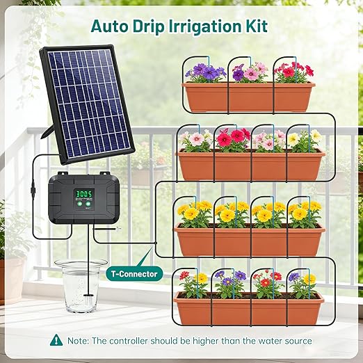 Biling 8W Pro Solar Irrigation System, Digital Programmable Automatic Drip Kit with 3000mAh Battery for Large Gardens, Supports 30+ Potted Plants, Greenhouses, Raised Beds