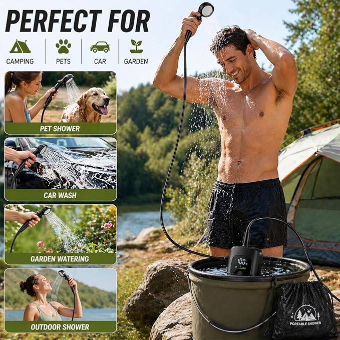 2026 Upgraded Smart Portable Shower Pump,Rechargeable Camping Shower with LED Display,3 Spray Modes High Pressure Portable Shower Head for Camping,Travel,Hiking,Pet Bath