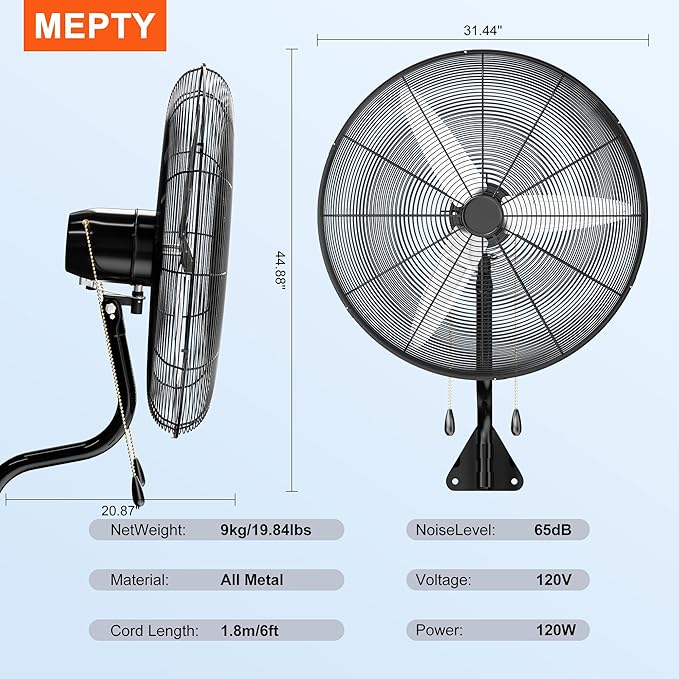 MEPTY 30" Wall Mount Fan, Heavy Duty Industrial Wall Fan, High Velocity Oscillating Fans with 3 Speeds for Patio, Shop, Greenhouse, Garage, Commercial, Household use