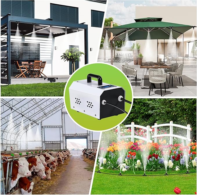 Outdoor Misting Cooling System High Pressure Misters for Outside Patio with Pump Kit, 65.6FT Misting Line with Brass Mist Nozzles Self Priming Sprayer Misters for Chicken Coop Garden Greenhouse