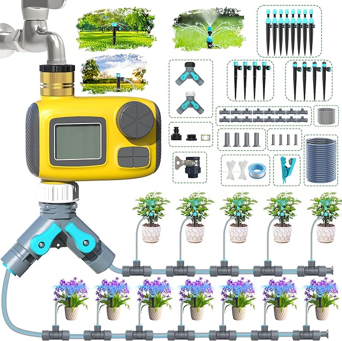 Automatic Drip Irrigation Kit with Water Timer, 100ft Garden Watering System with Y-Diverter, Fast-Plug Misting & Drip Irrigation System for Patio, Lawn, Flower Bed, Greenhouse & Yard Care