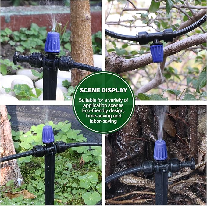Kalolary 30Pcs Push-to-Fit Drip Irrigation Spray Emitters for 1/4" Tubing,Three-Way Adjustable Atomizing Nozzle Micro Irrigation Dripper Sprinklers with 6PCS End Plugs for Irrigation System(Blue)