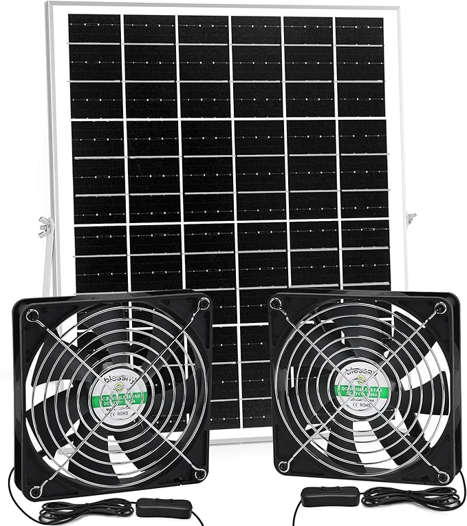 blessny 5.5" Solar 2 Fan Kit for Intake or Exhaust air, Weatherproofed Solar Powered Fans for Outside Chicken Coops, Greenhouses, Shed, Pet House Air Ventilation