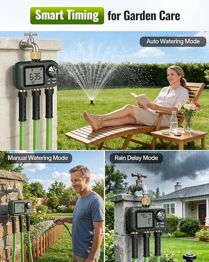 Brass Sprinkler Timer with Swivel, Programmable Water Timer for Garden Hose with Auto/Manual/Rain Delay Watering, Digital Irrigation System Kit,for Garden, Yard, Lawn 3 Outlet F13WT06
